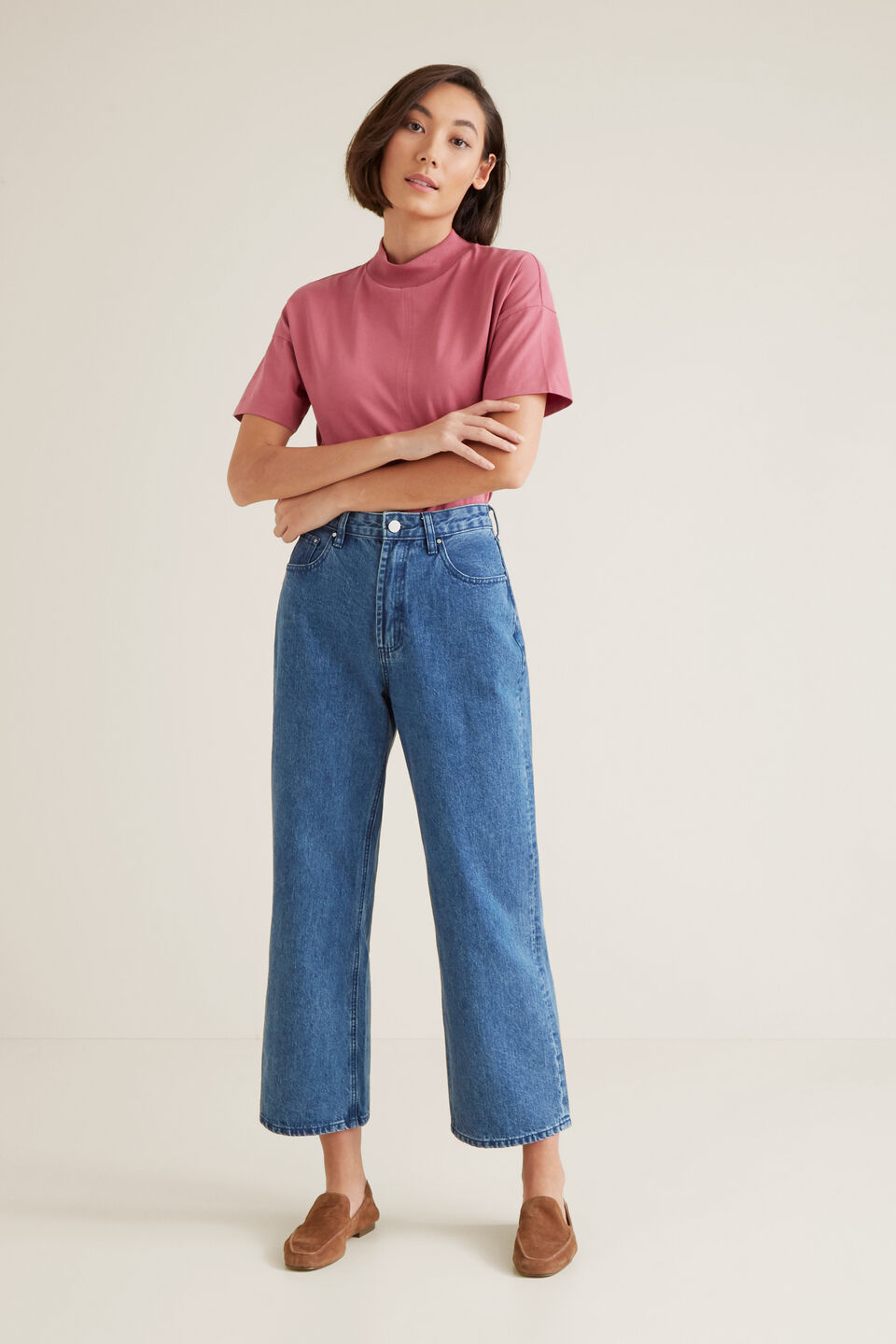 Mock Neck Seam Tee  Soft Raspberry