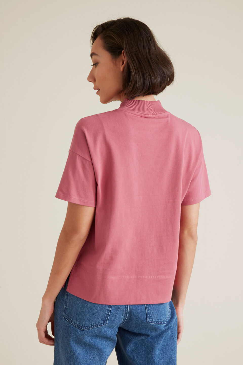 Mock Neck Seam Tee  Soft Raspberry