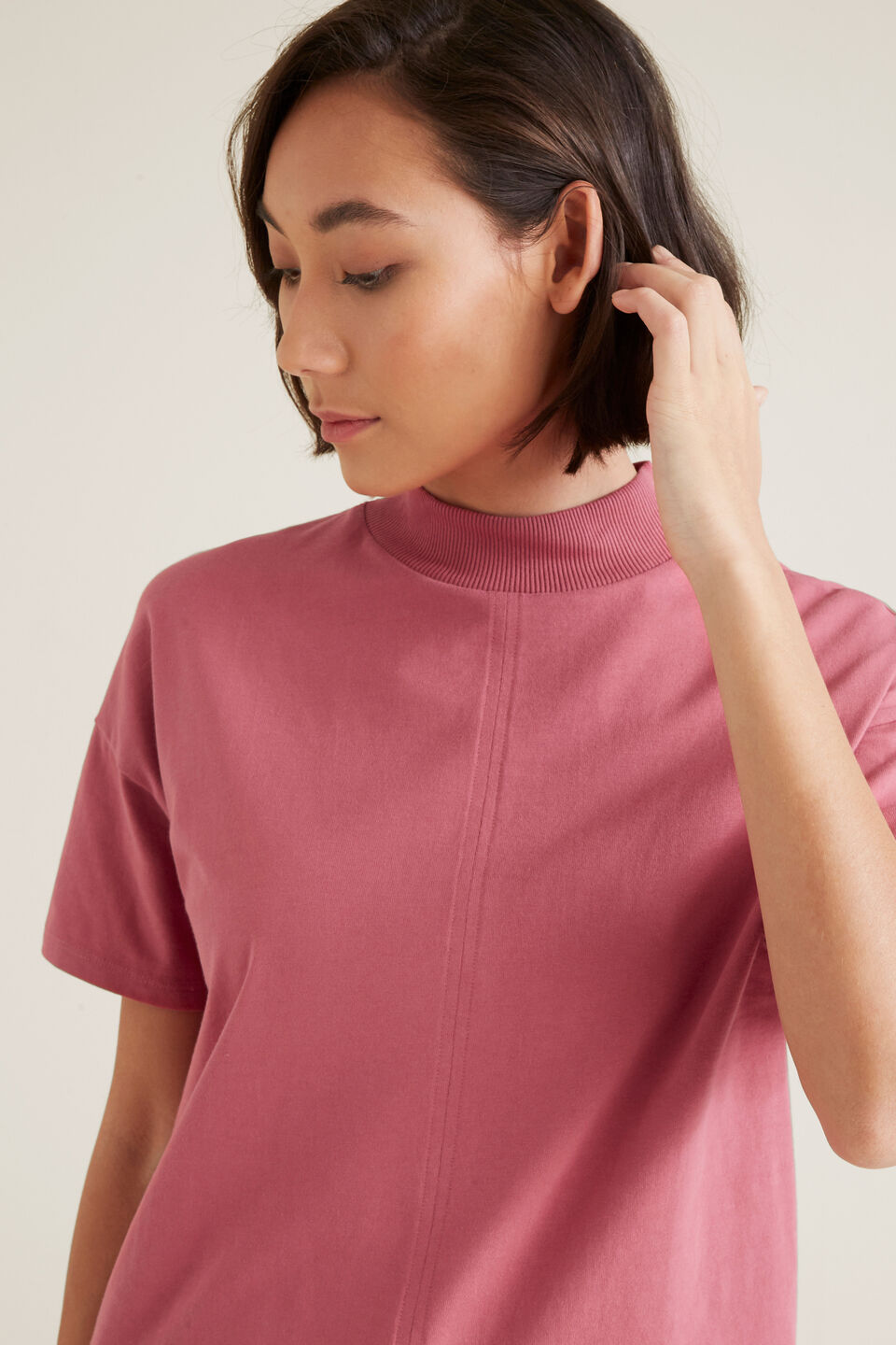 Mock Neck Seam Tee  Soft Raspberry