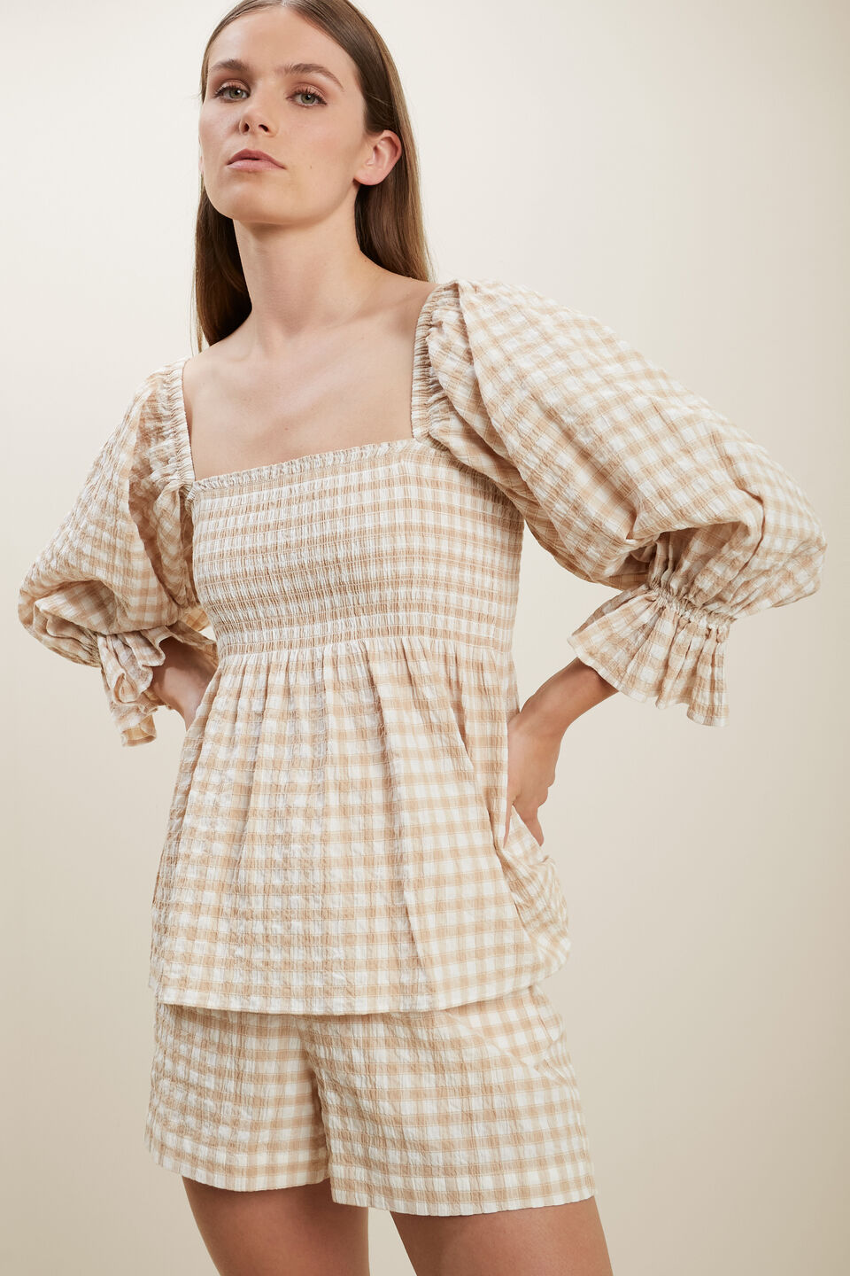 Gingham Blouson Top  Biscotti Gingham