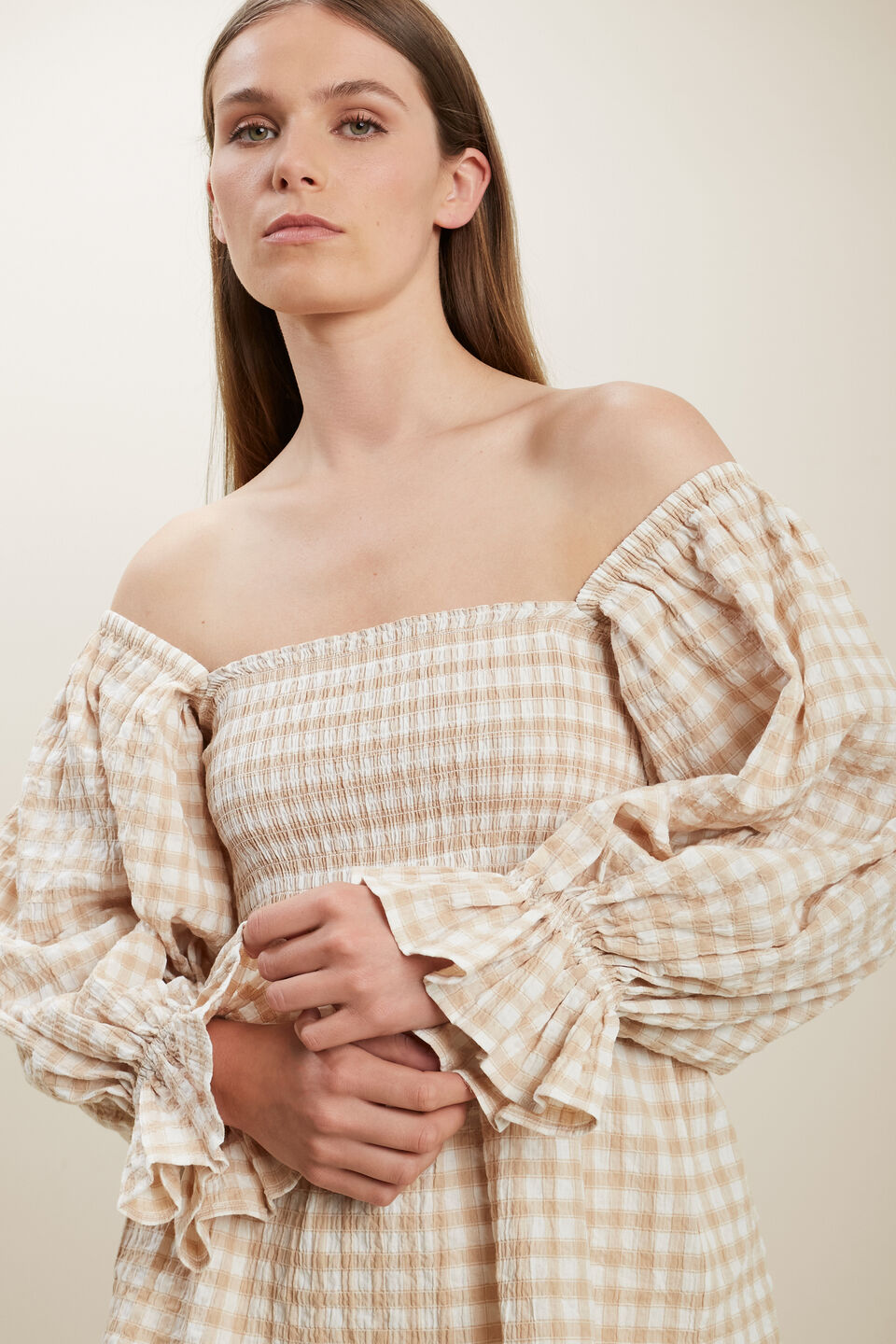Gingham Blouson Top  Biscotti Gingham