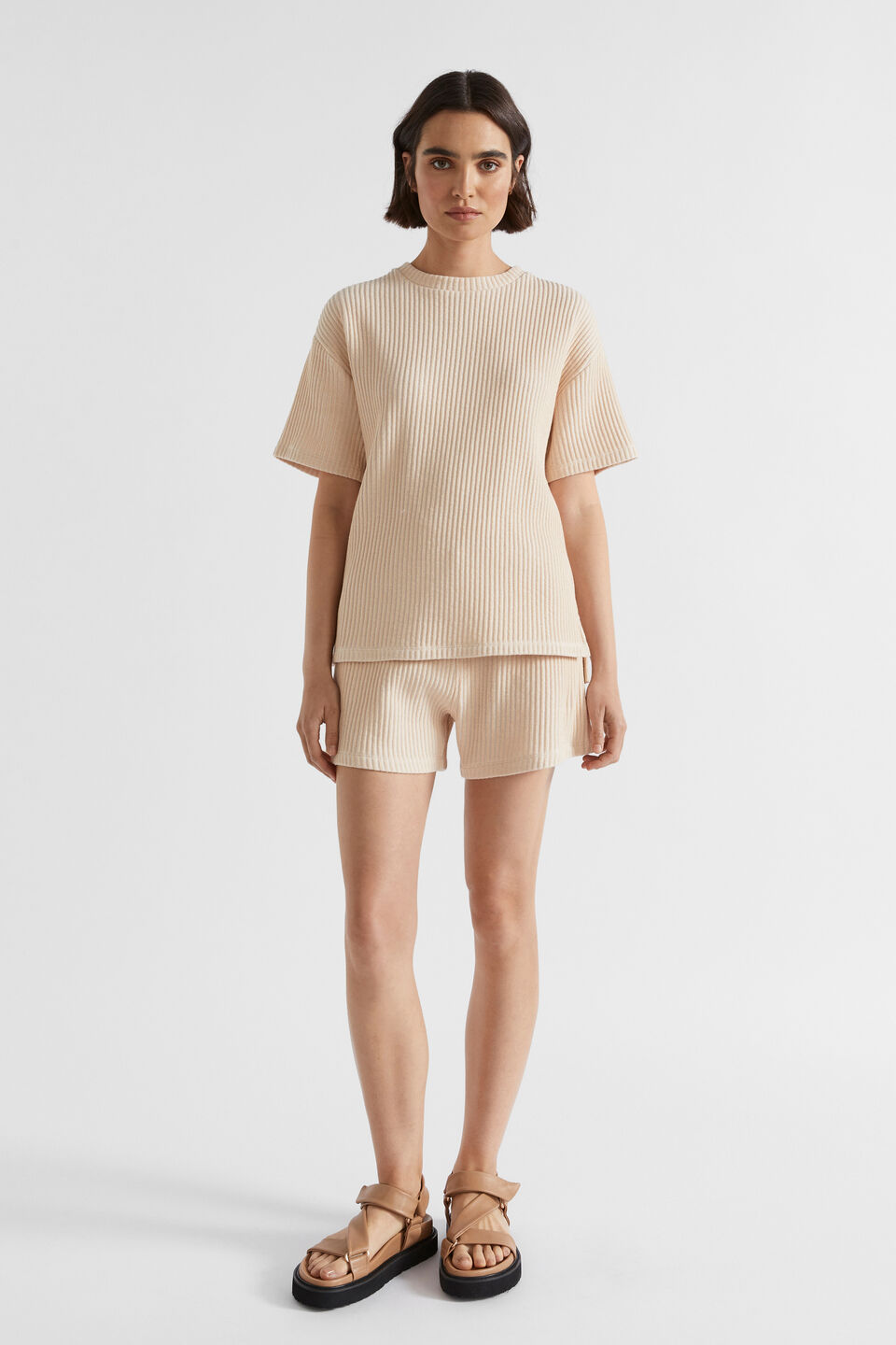 Two Tone Rib Oversized Tee  Soft Wheat