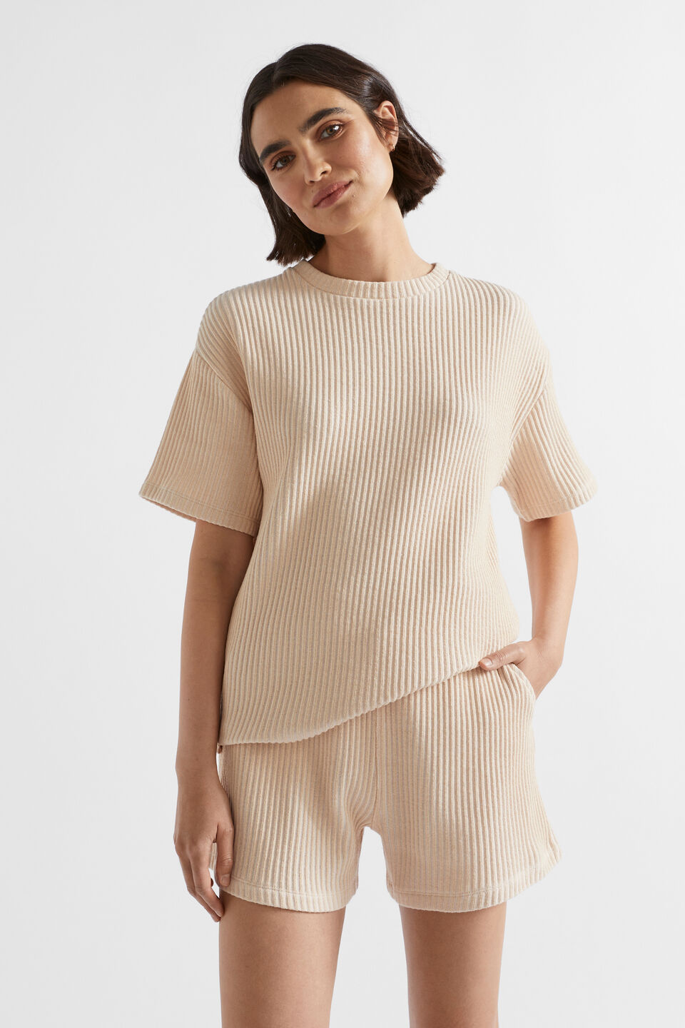 Two Tone Rib Oversized Tee  Soft Wheat