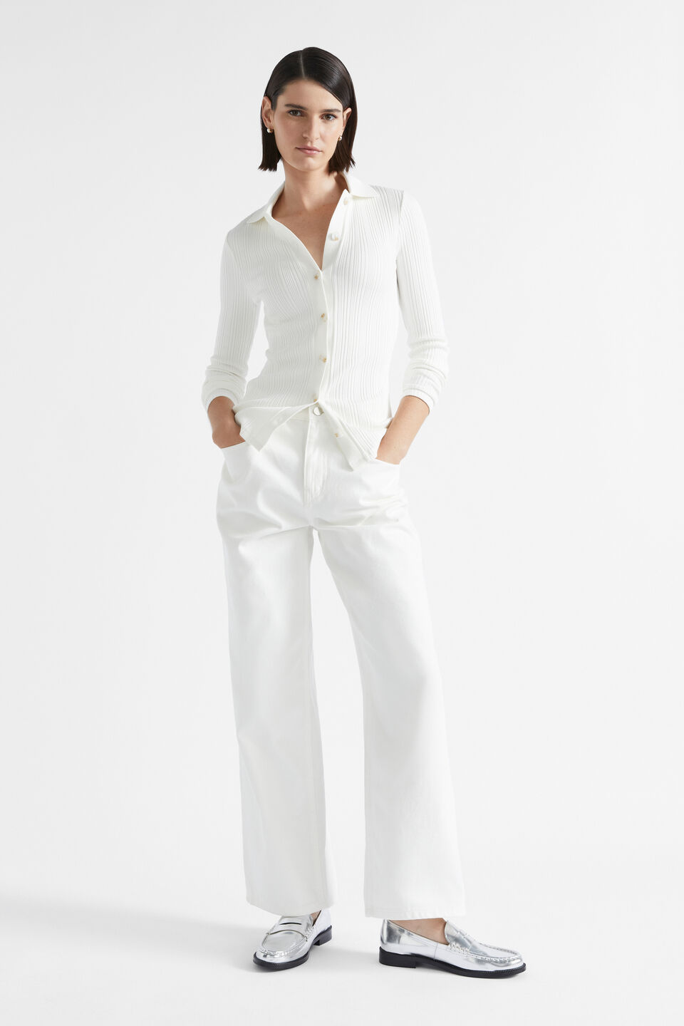 Variegated Rib Polo Top  Cloud Cream Marle
