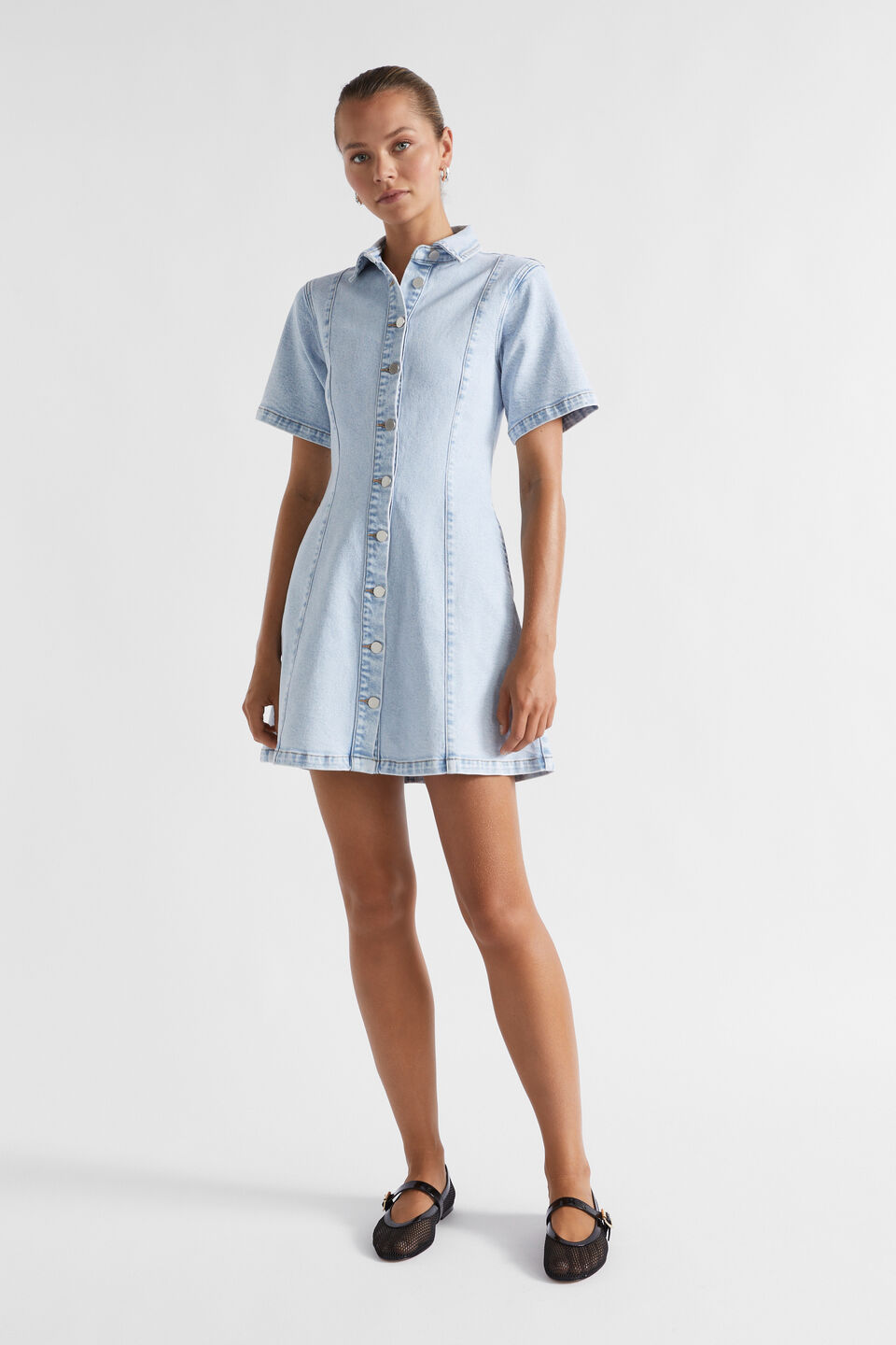 Denim Button Through Dress  Glacier Denim