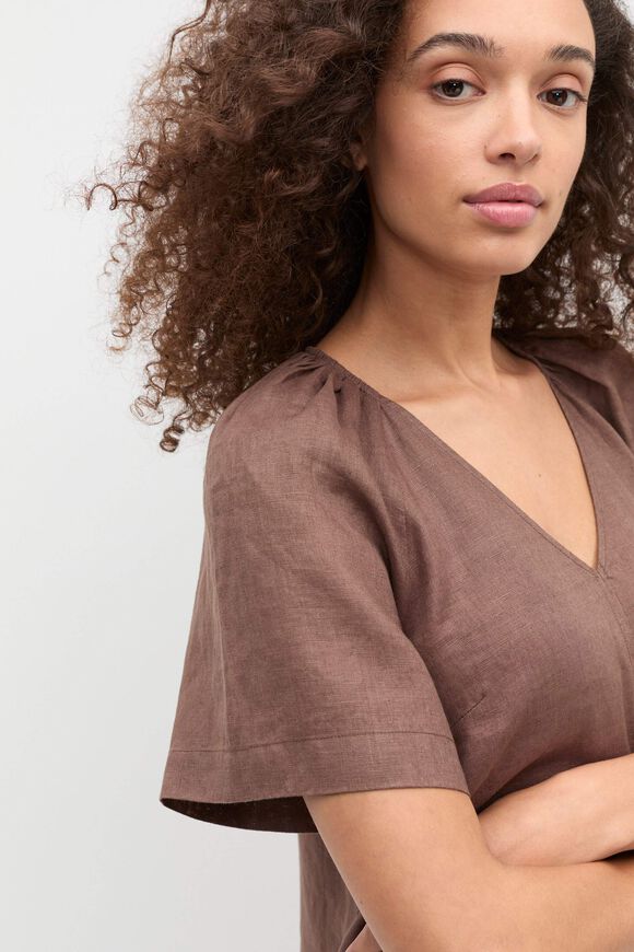 Linen V Neck Flutter Sleeve Mini Dress  Pinecone  hi-res