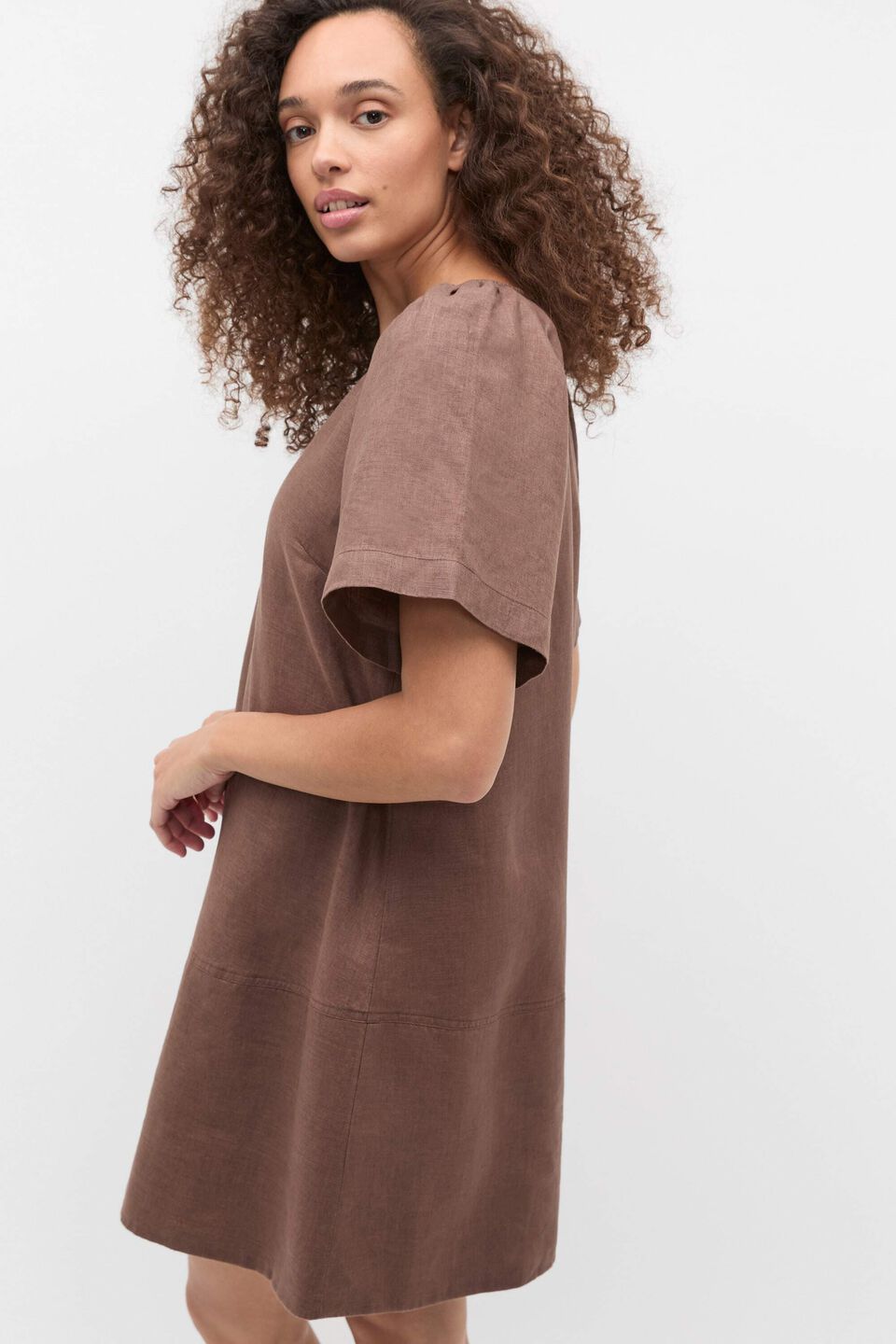 Linen V Neck Flutter Sleeve Mini Dress  Pinecone