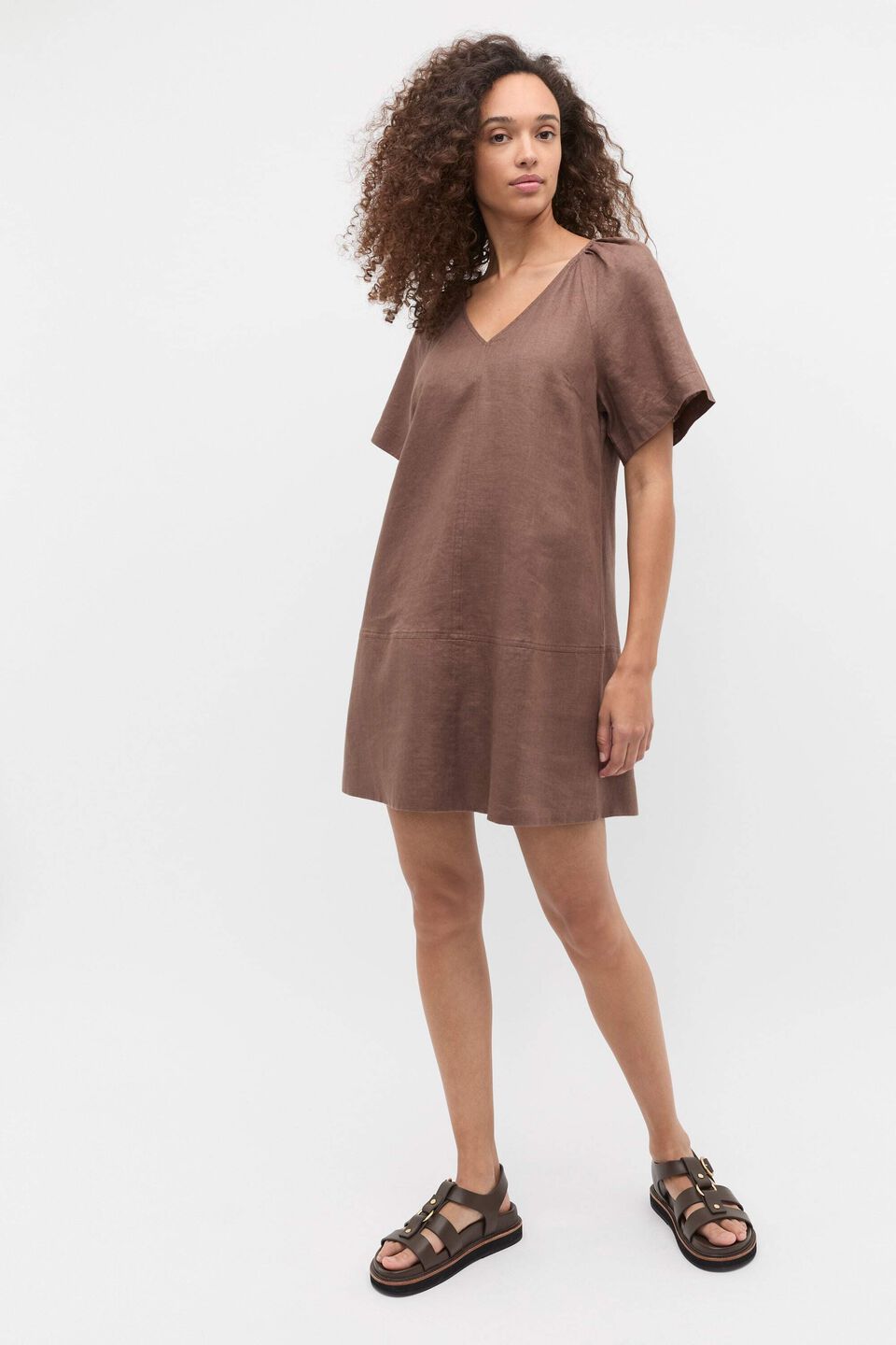 Linen V Neck Flutter Sleeve Mini Dress  Pinecone