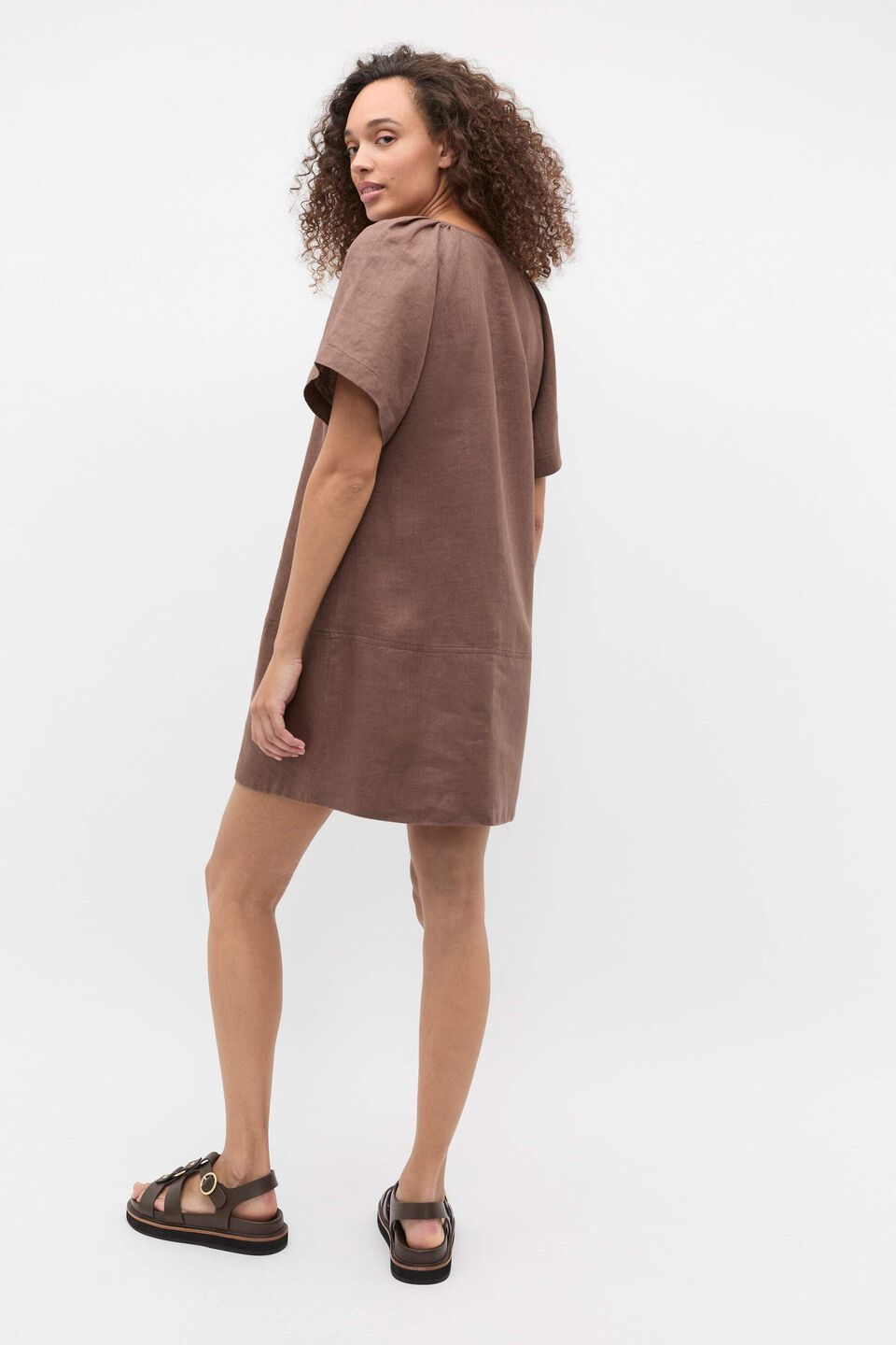 Linen V Neck Flutter Sleeve Mini Dress  Pinecone