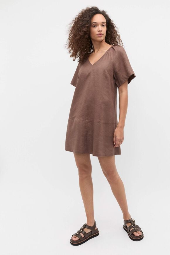 Linen V Neck Flutter Sleeve Mini Dress  Pinecone  hi-res