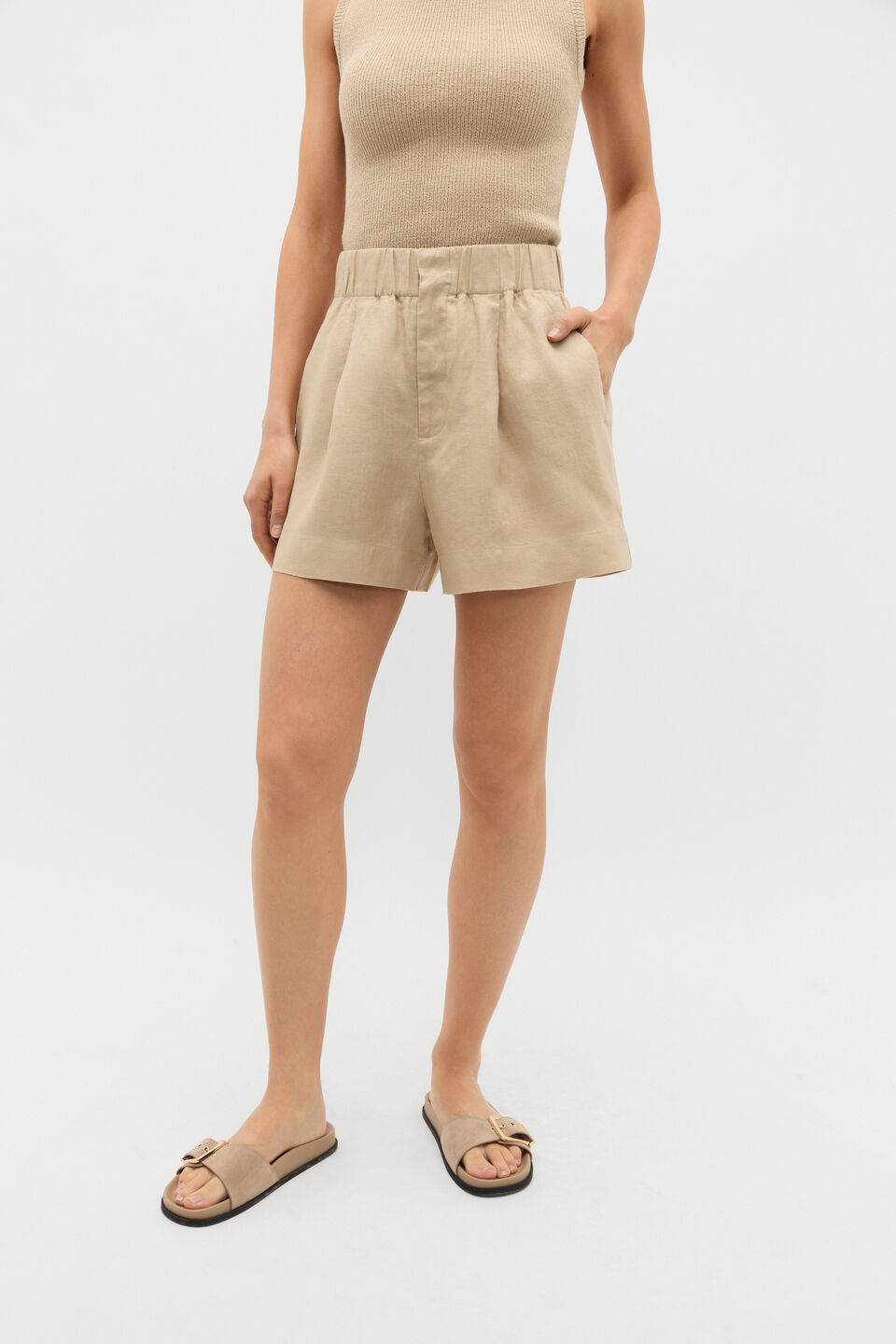 Core Linen Gathered Palazzo Short  Iced Latte