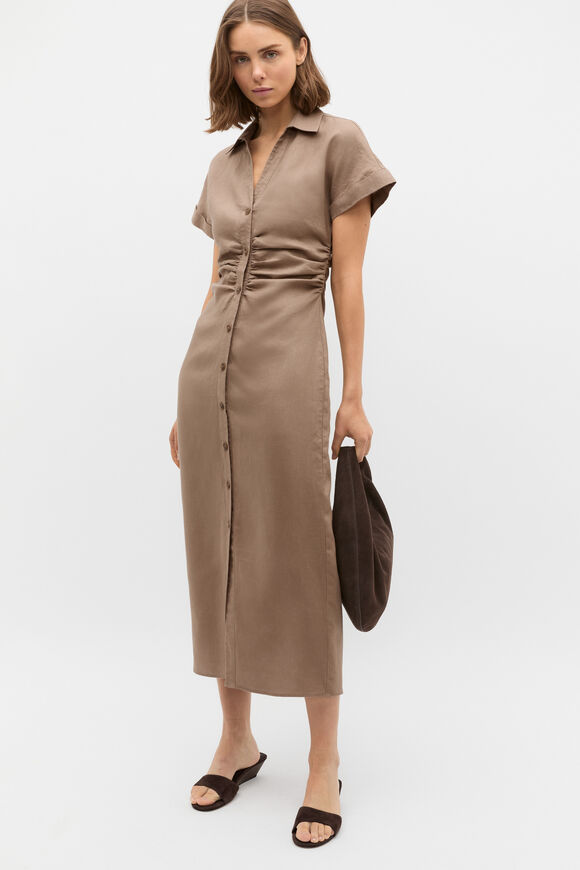 Linen Ruched Shirt Dress  Nutmeg  hi-res