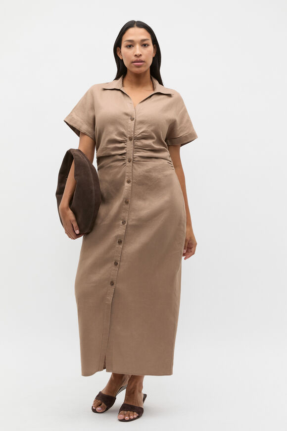Linen Ruched Shirt Dress  Nutmeg  hi-res
