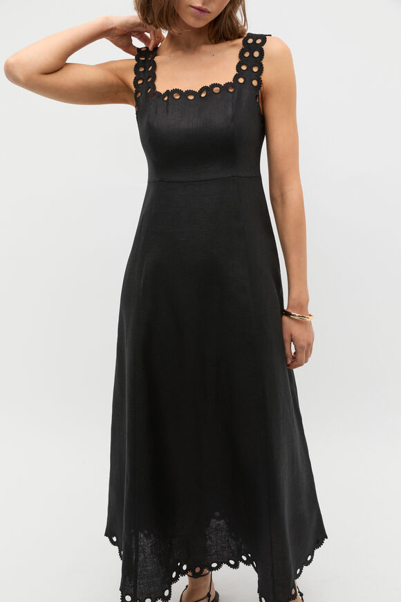 Linen Embroidered Midi Dress  Black  hi-res