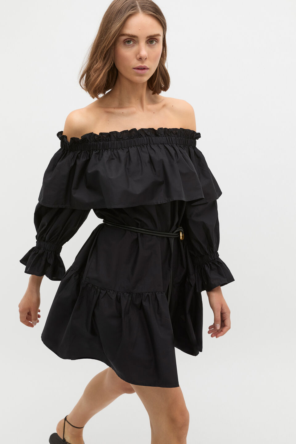 Voile Off Shoulder Ruffle Dress  Black