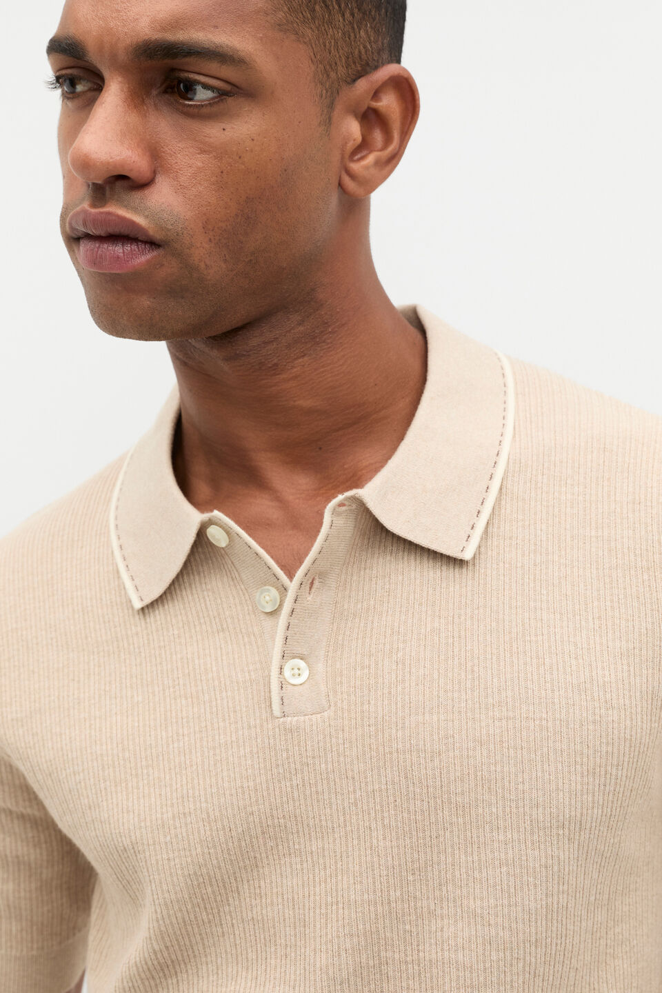Ribbed Knit Polo  Almond