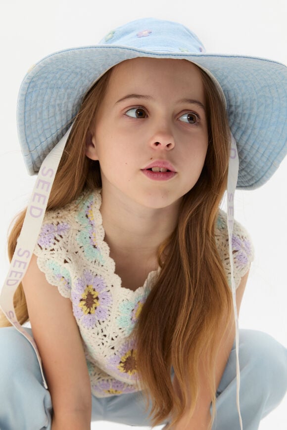 Wide Brim Embroidered Hat  Powder Blue Wash  hi-res