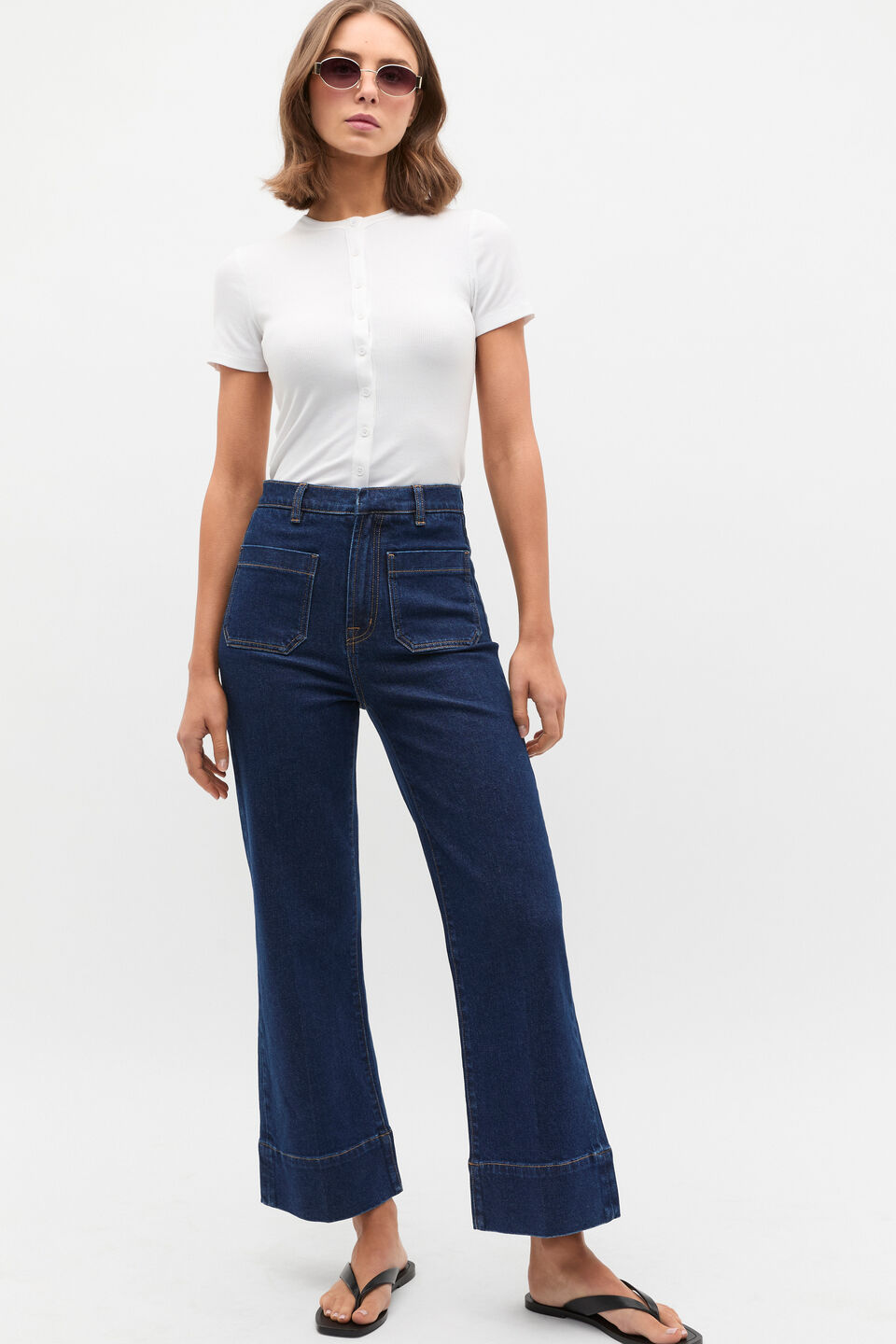 Rib Button Through Top  Whisper White