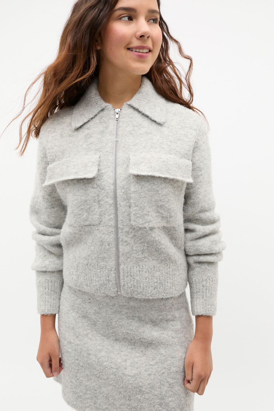 Boucle Zip Up Knit  Light Grey Marle