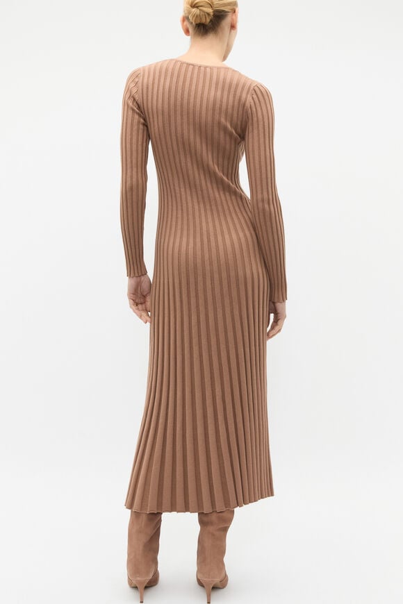 Pleated V Neck Knit Dress  Amaretto Pleated V Neck Knit Dress  Amaretto  hi-res