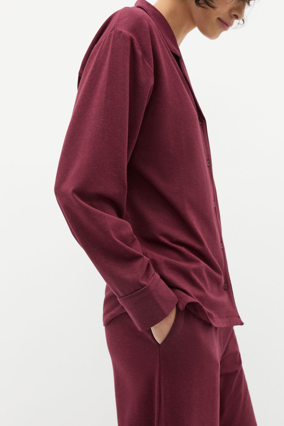 Jersey Button Through Top and Pant Set  Plum Red Marle