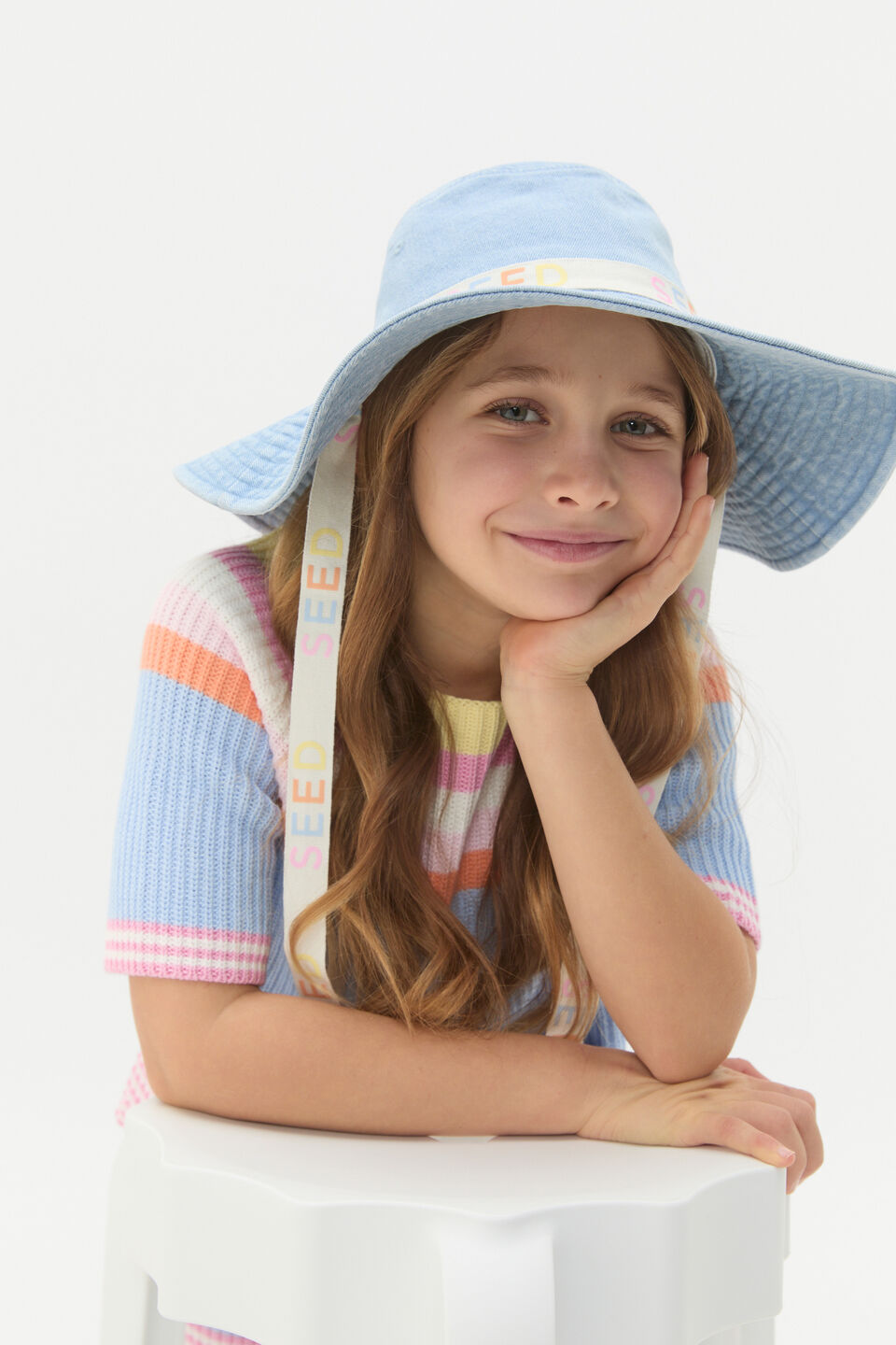 Wide Brim Hat With Ties  Light Wash