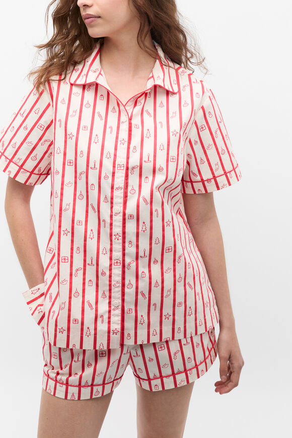Christmas Stripe Shirt and Short PJ Set  Vintage Cream Christmas Stripe Shirt and Short PJ Set  Vintage Cream  hi-res