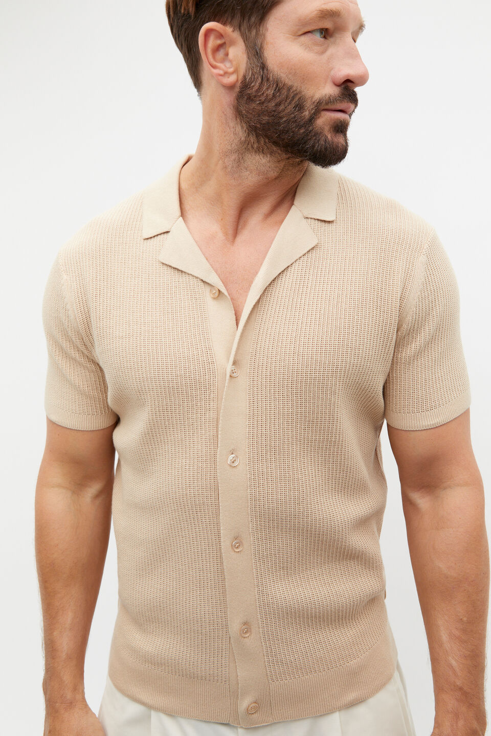 Button Down Open Knit  Sandshell