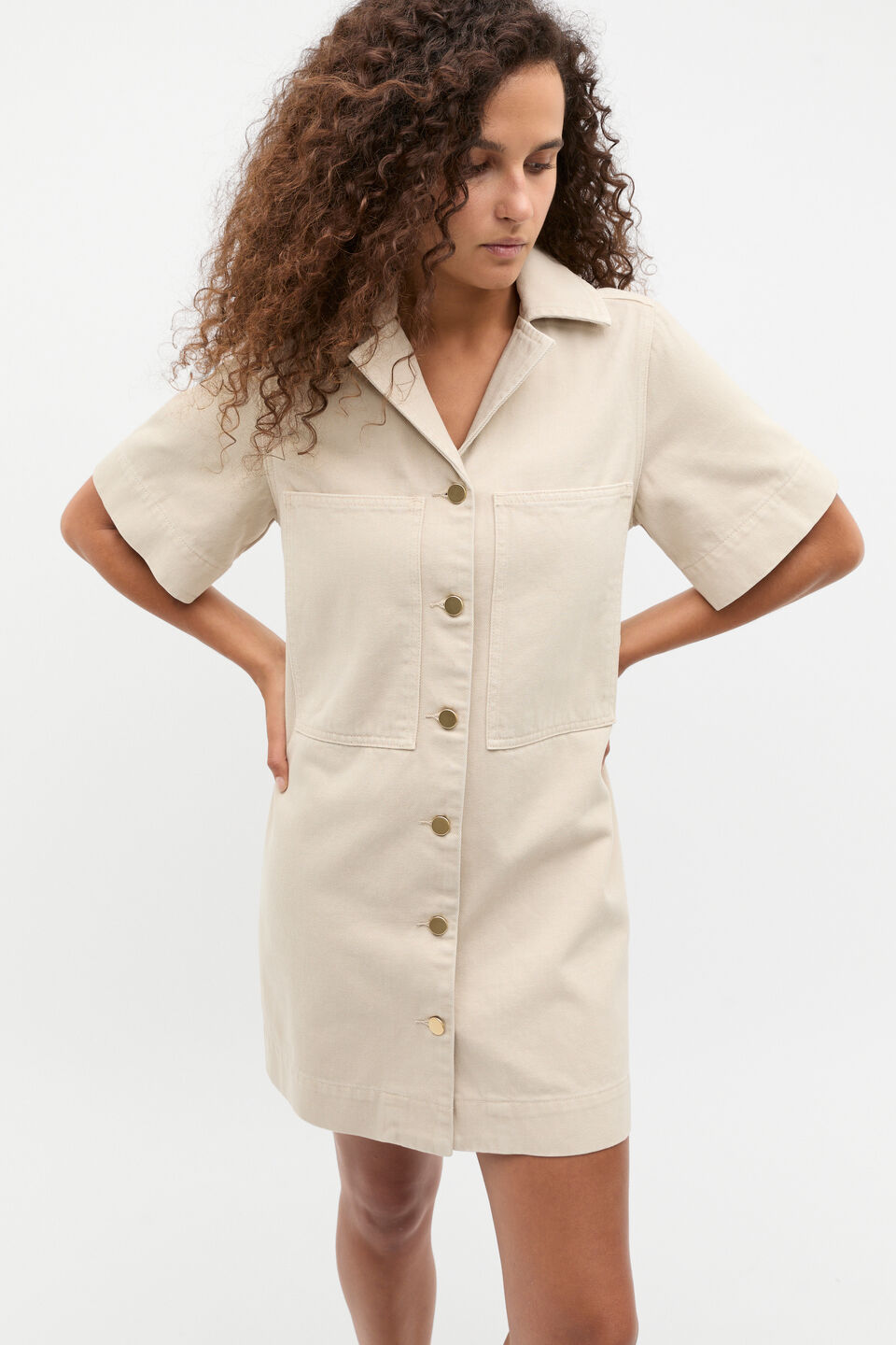 Denim Button Through Mini Dress  Oat