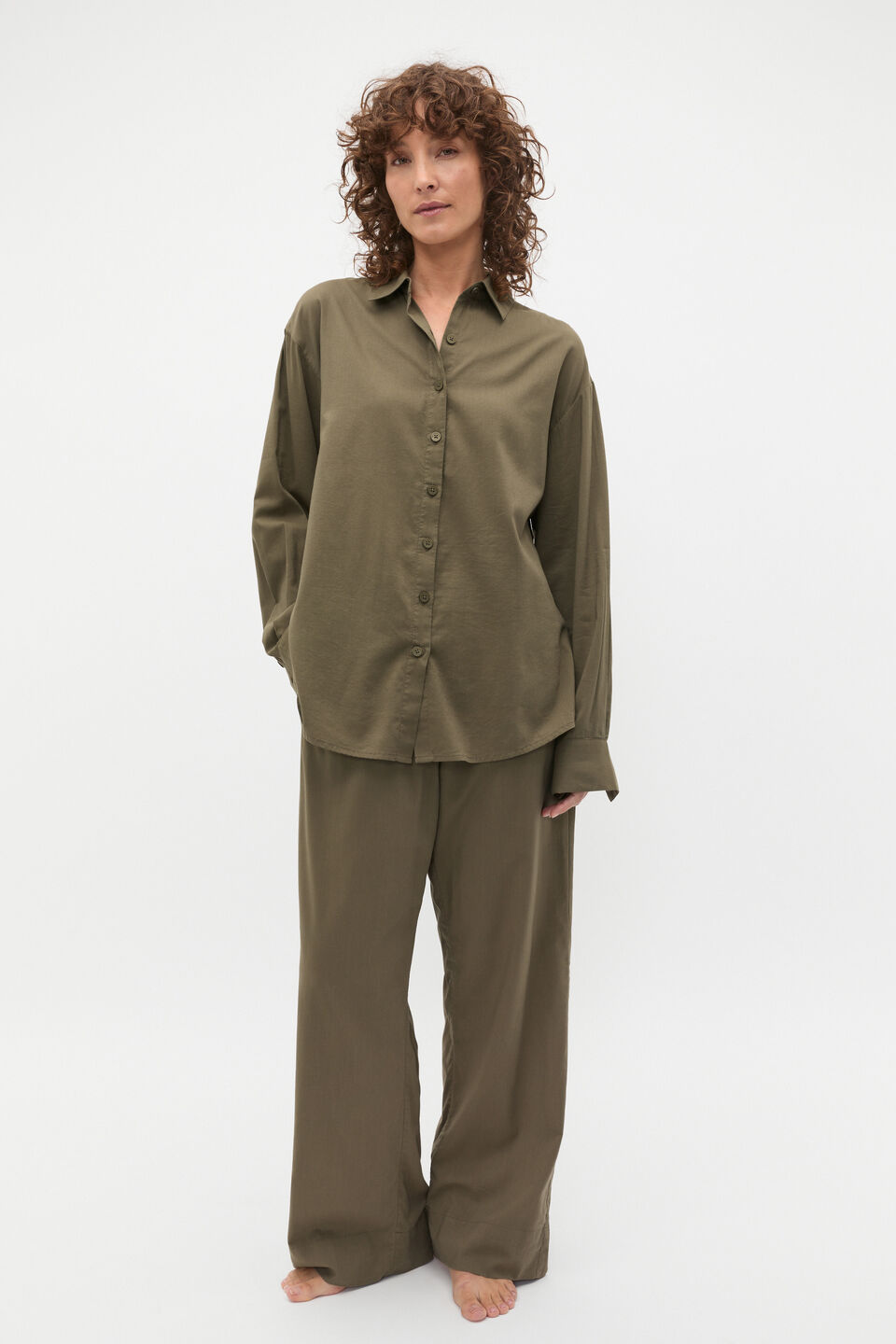 Oversized Voile Long Sleeve and Pant PJ Set  Olive Leaf