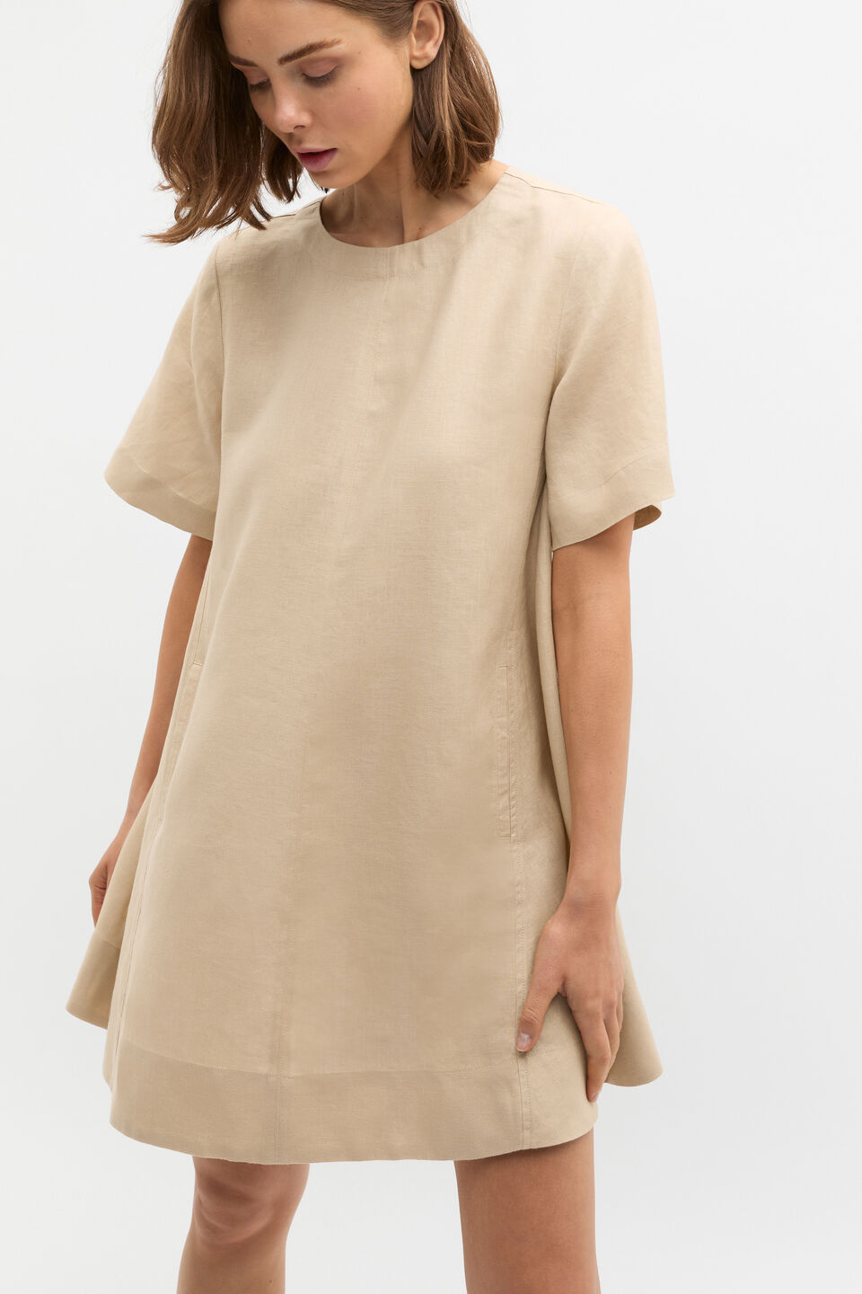 Linen Short Sleeve Mini Dress  Iced Latte
