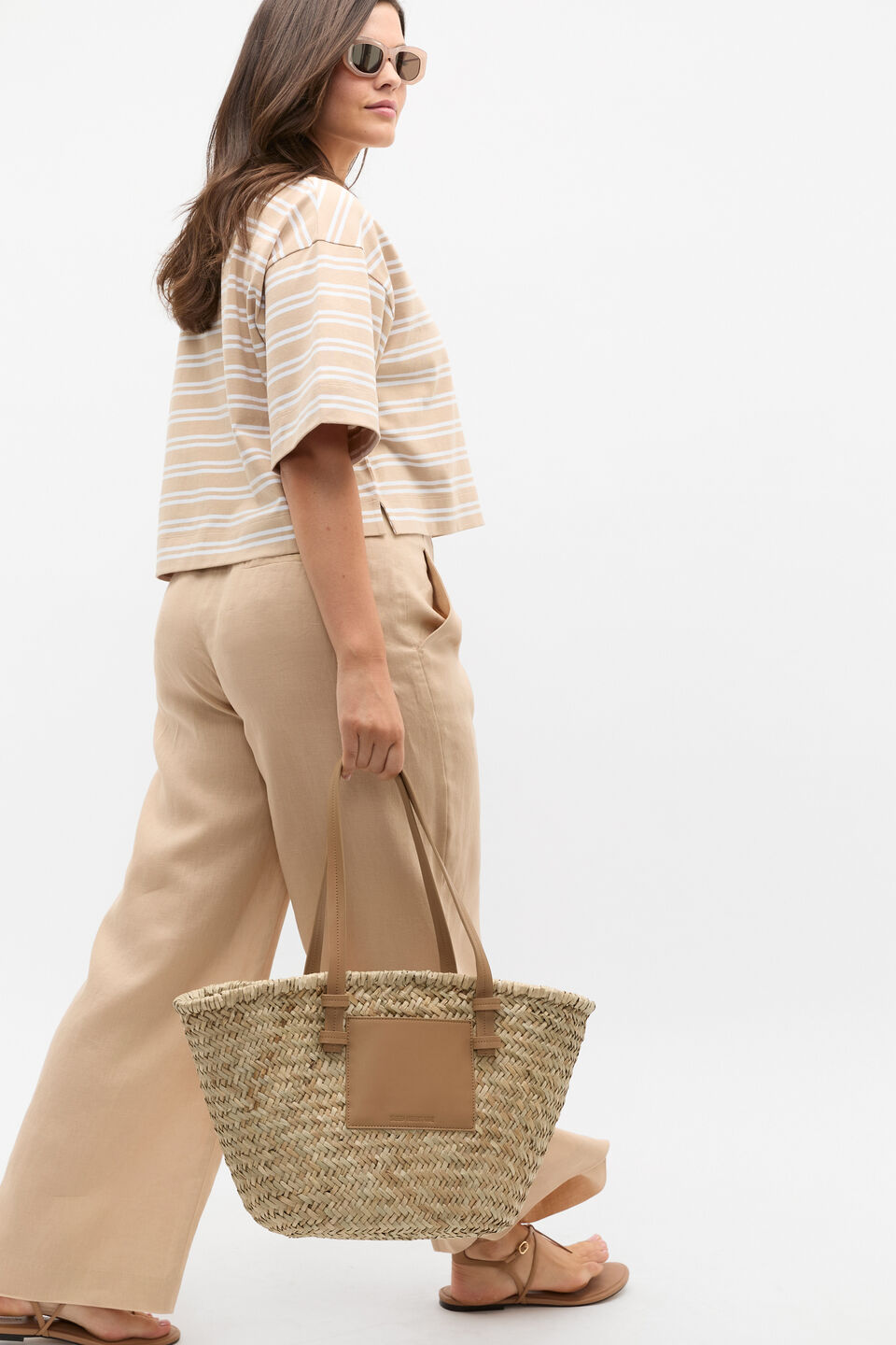 Cotton Boxy Split Hem Tee  Ecru Stripe