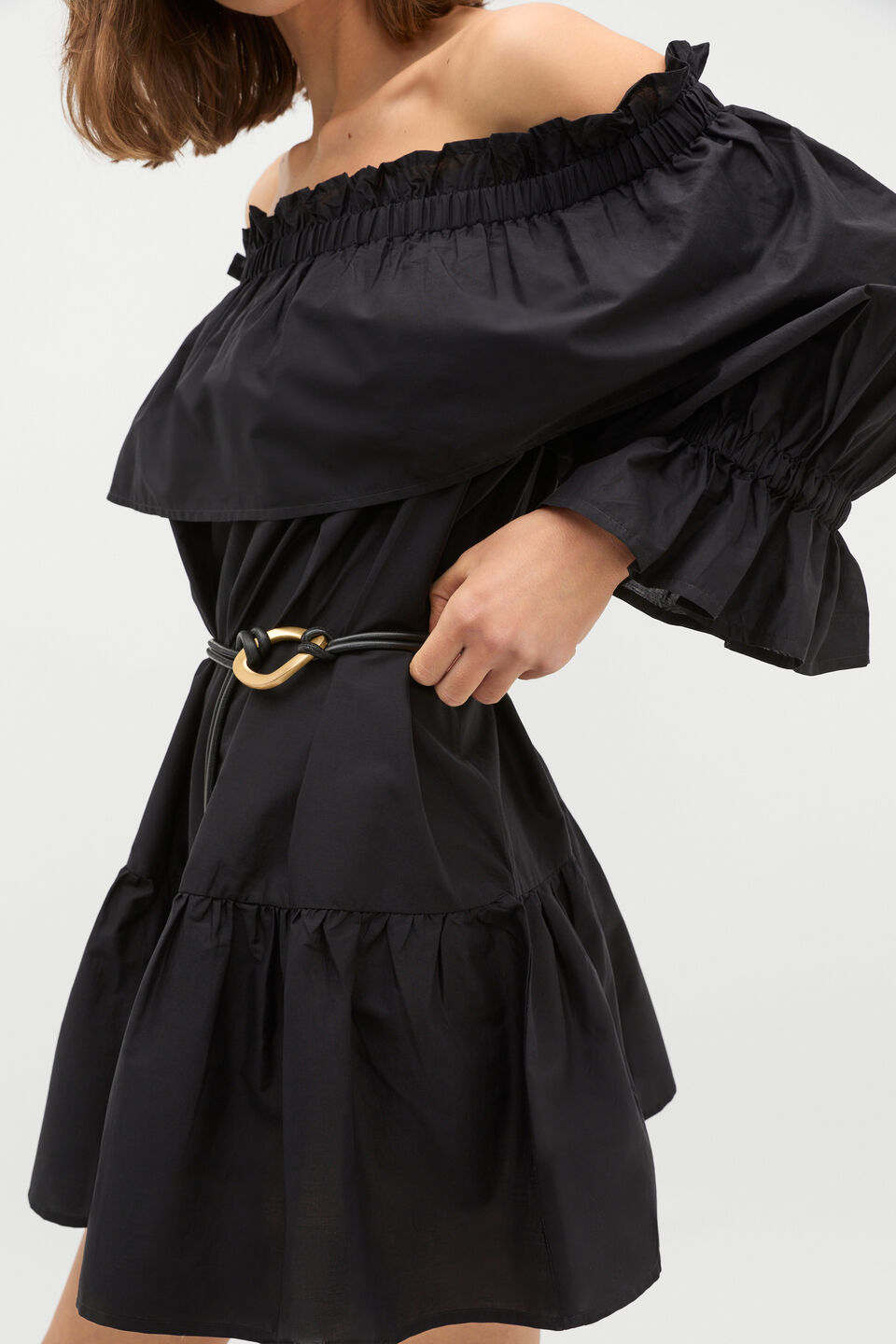 Voile Off Shoulder Ruffle Dress  Black