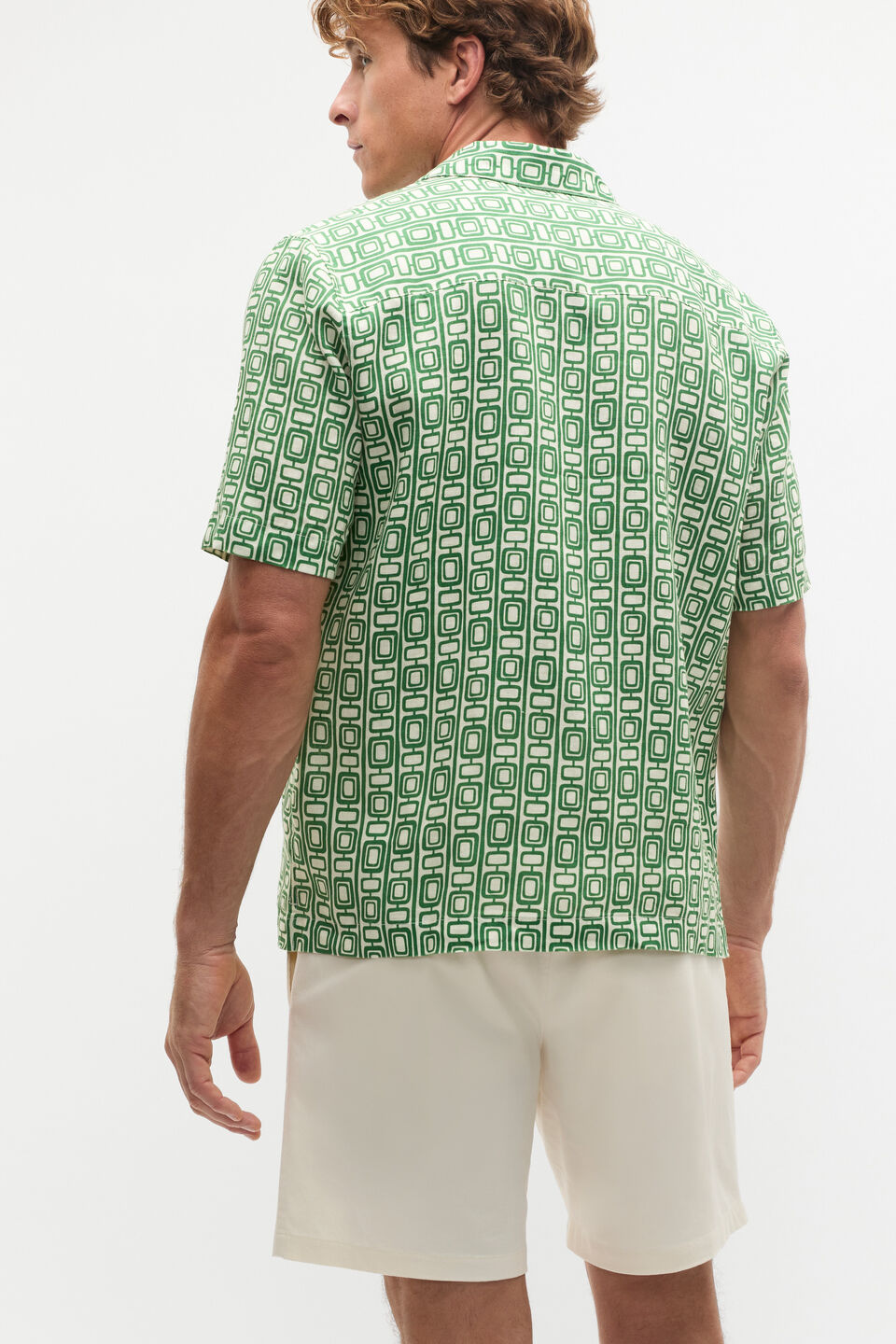 SS Geo Print Lin Shirt  Pea Green