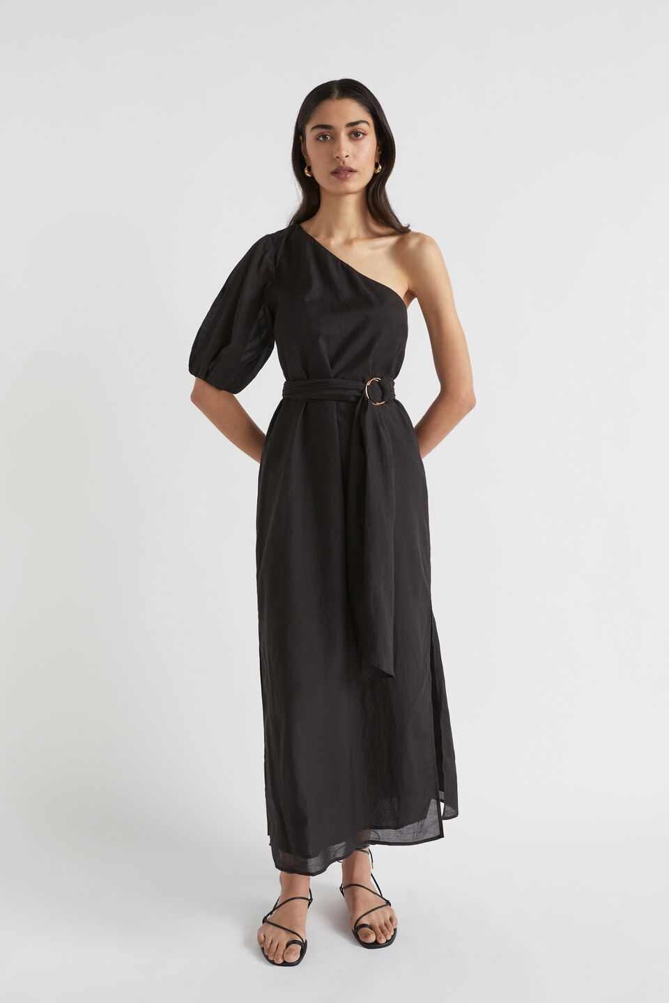 One Shoulder D Ring Belt Maxi Dress  Black