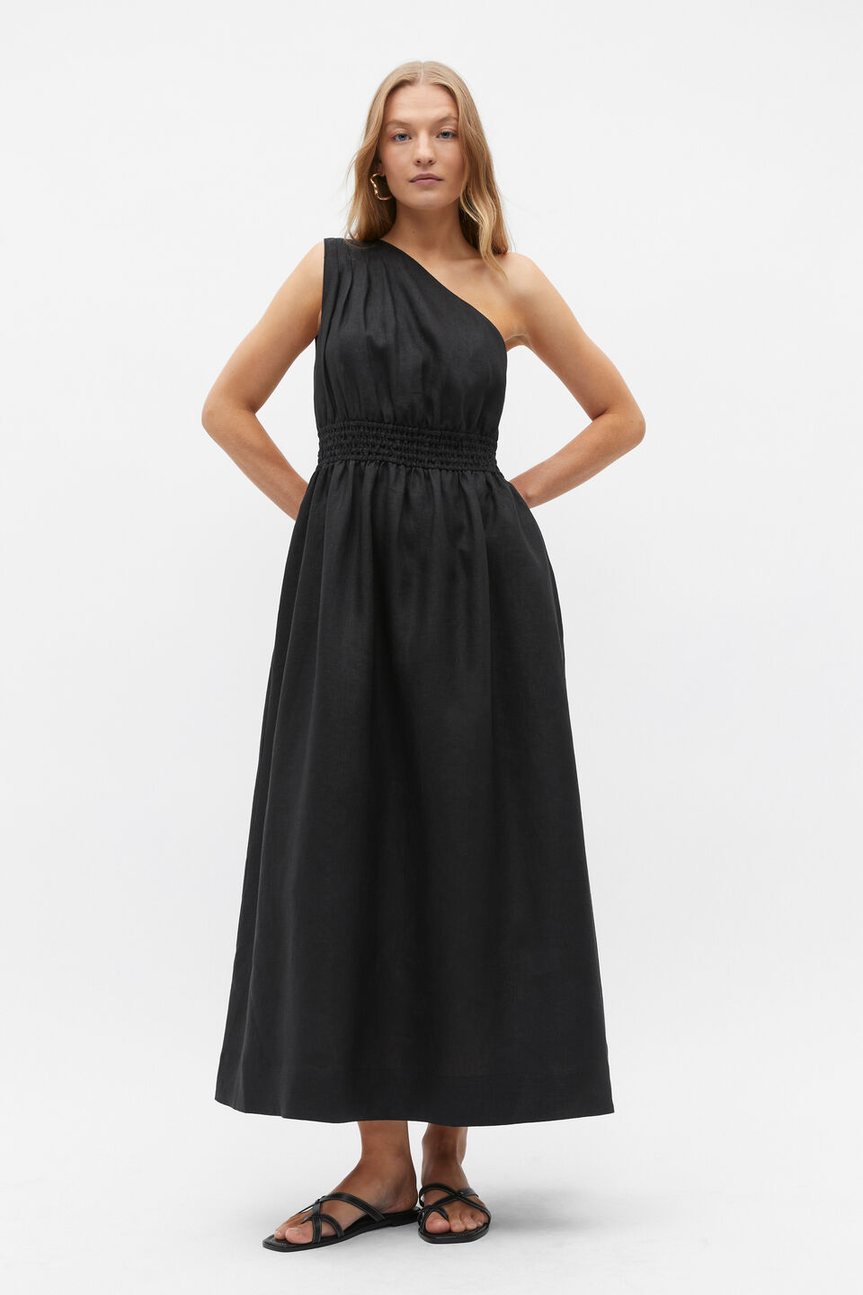 Linen One Shoulder Maxi Dress  Black