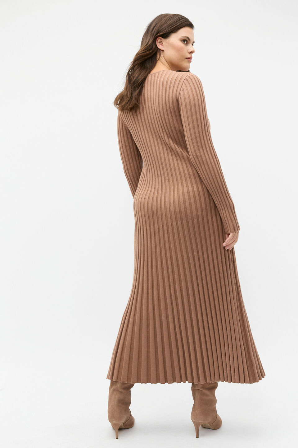 Pleated V Neck Knit Dress  Amaretto