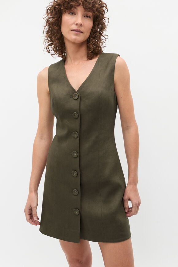 Linen V Neck Button Mini Dress  Olive Leaf  hi-res