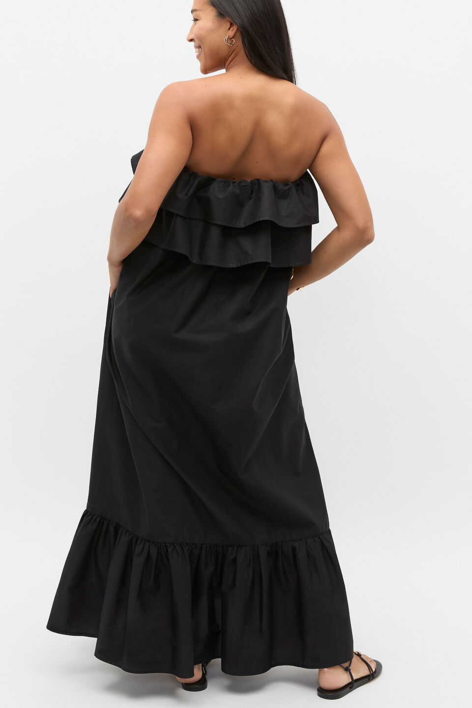 Voile Strapless Ruffle Maxi Dress  Black