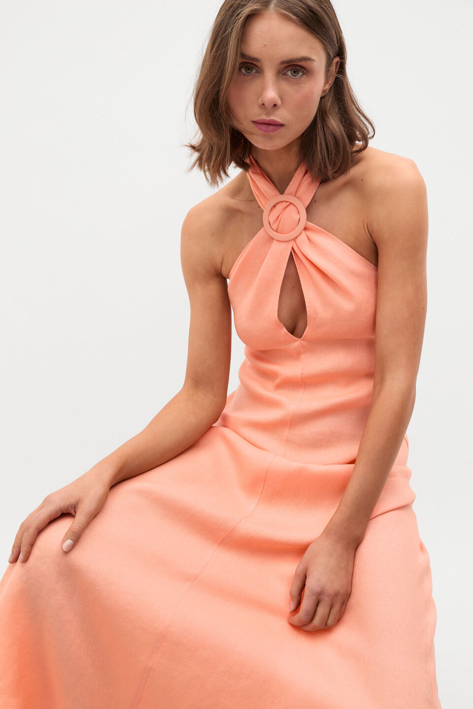 Linen Halter Ring Maxi Dress  Tangerine