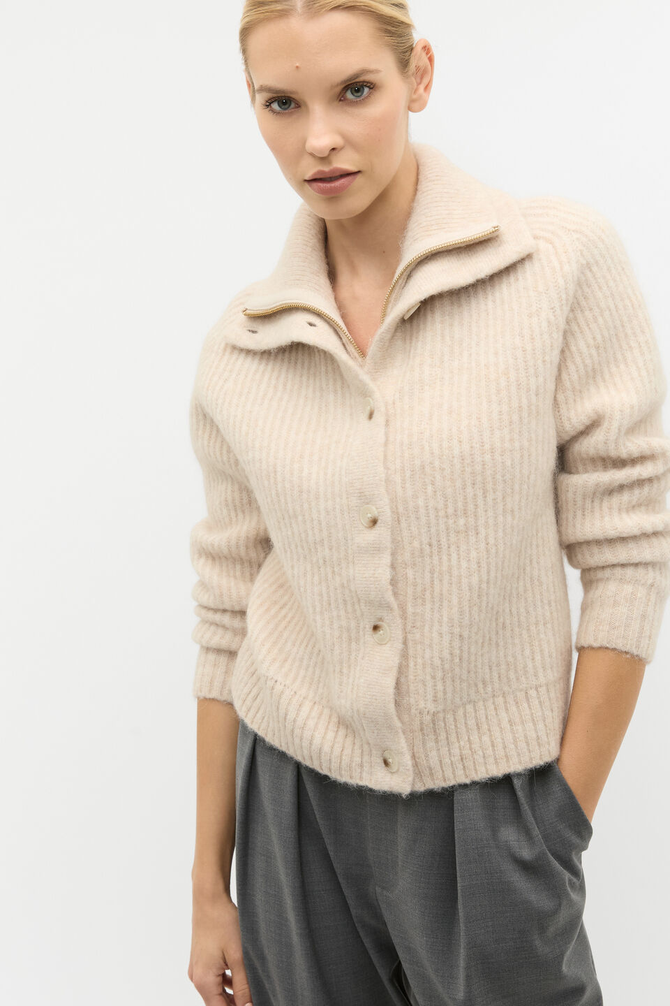 Button Down Knit Cardigan  Oat Marle