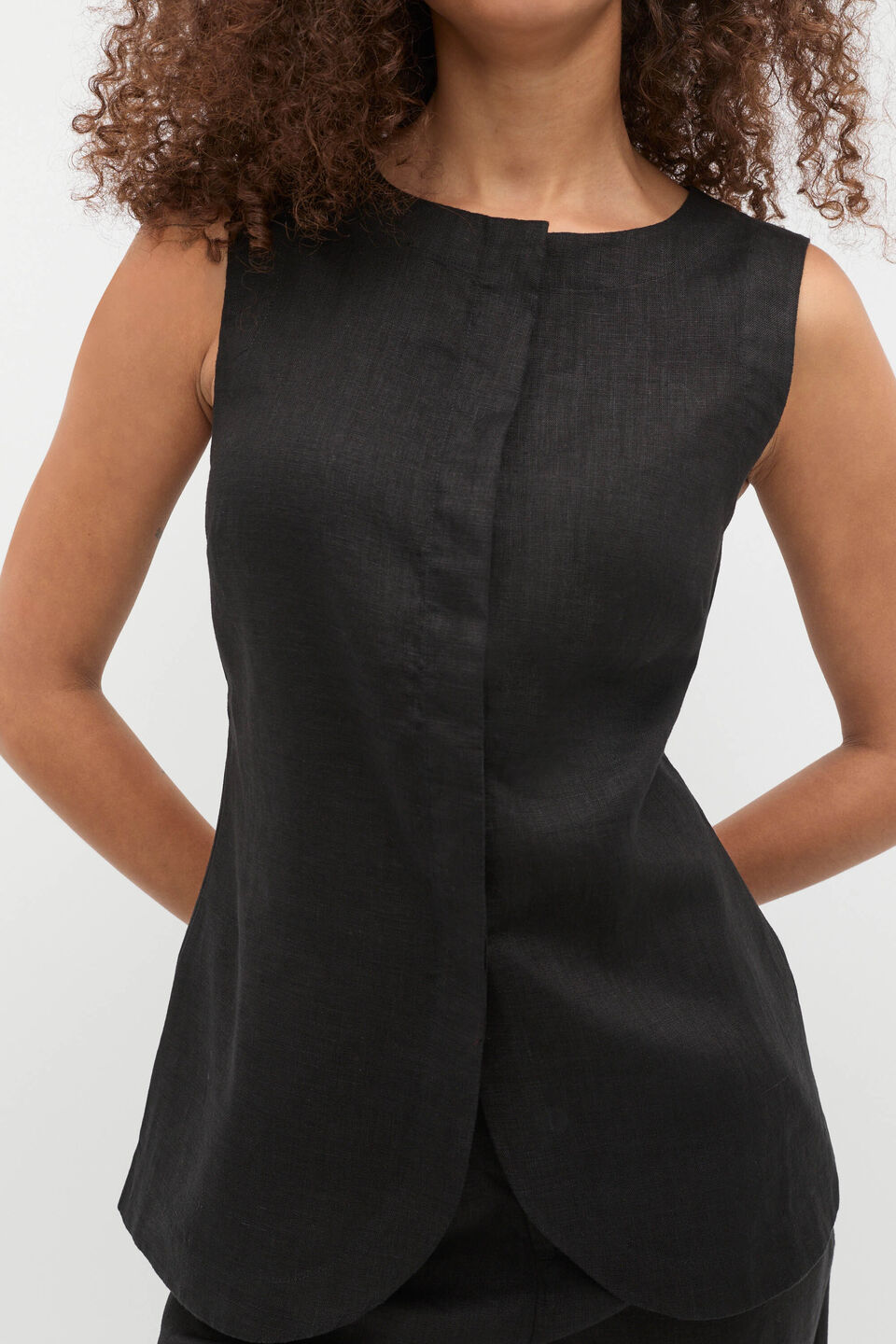 Linen Concealed Placket Vest  Black