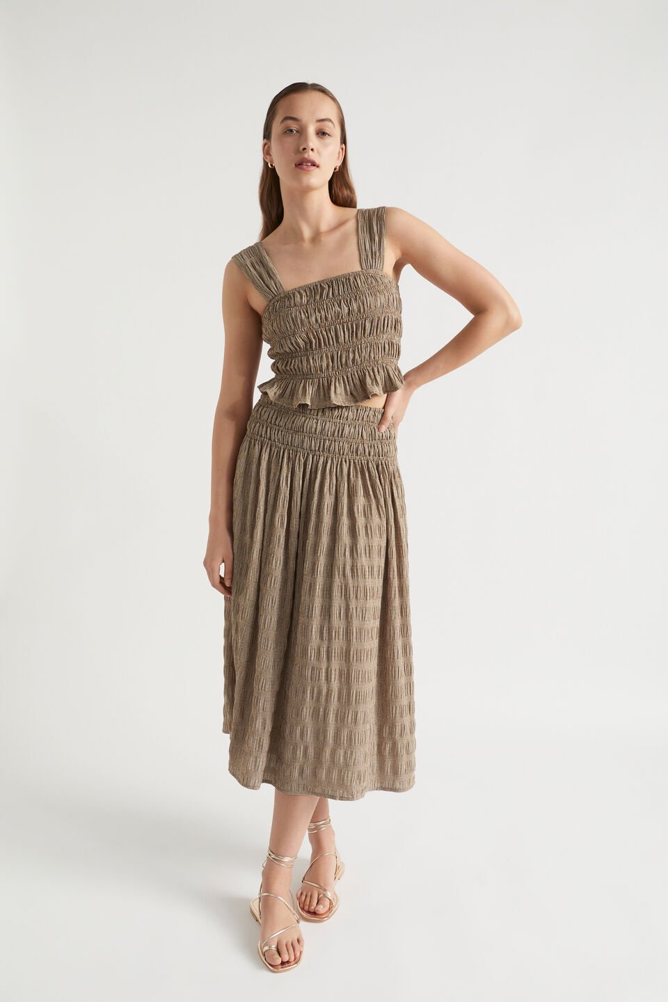 Textured Gingham Shirred Bodice  Pecan Brown Gingham