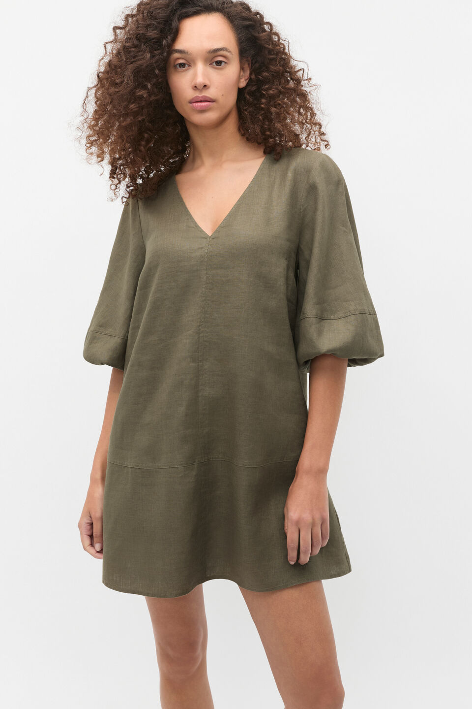 Linen V Neck Seam Detail Mini Dress  Olive Leaf