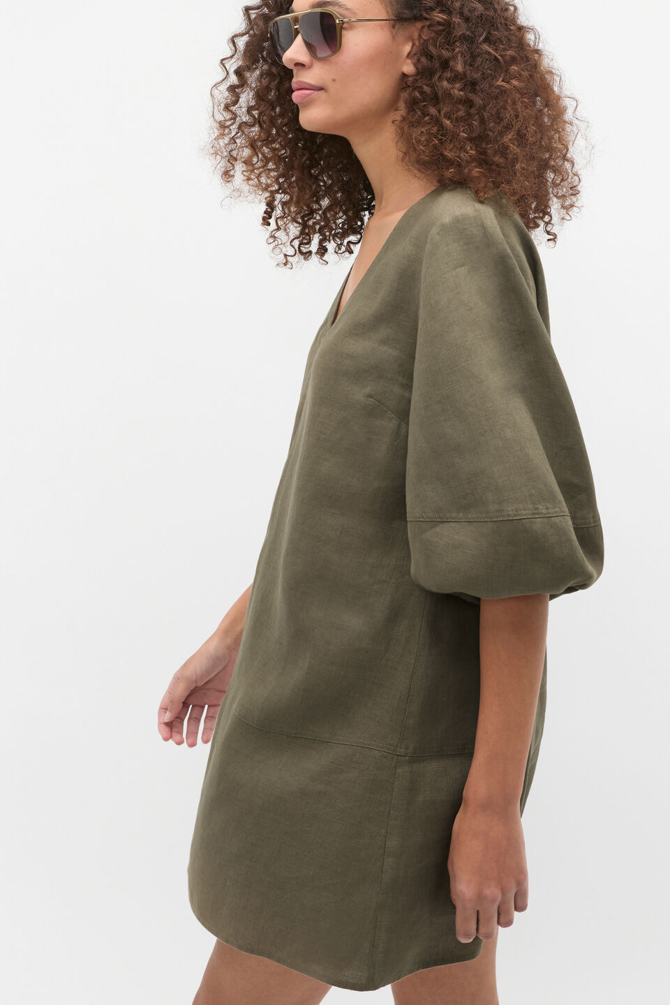Linen V Neck Seam Detail Mini Dress  Olive Leaf