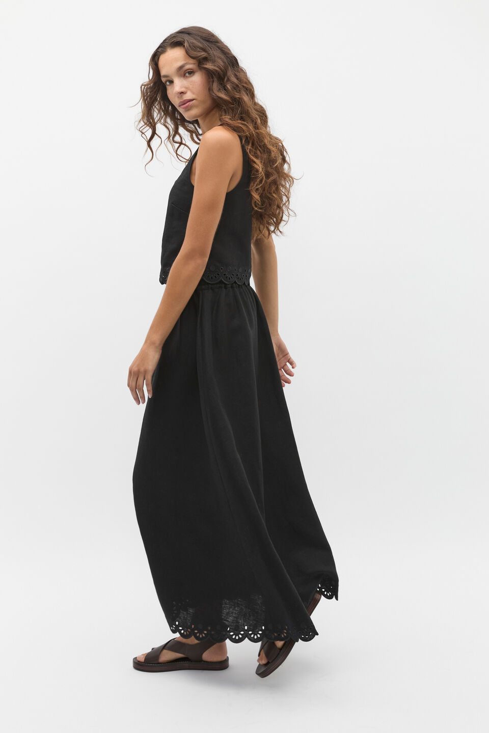 Scallop Broderie Midi Skirt  Black