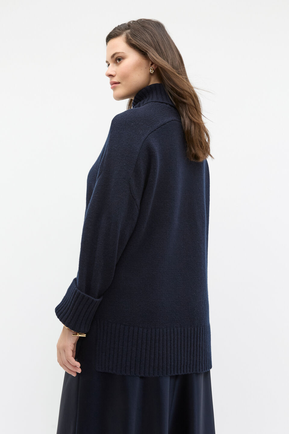 Merino Wool Roll Neck Side Split Knit  Twilight Blue