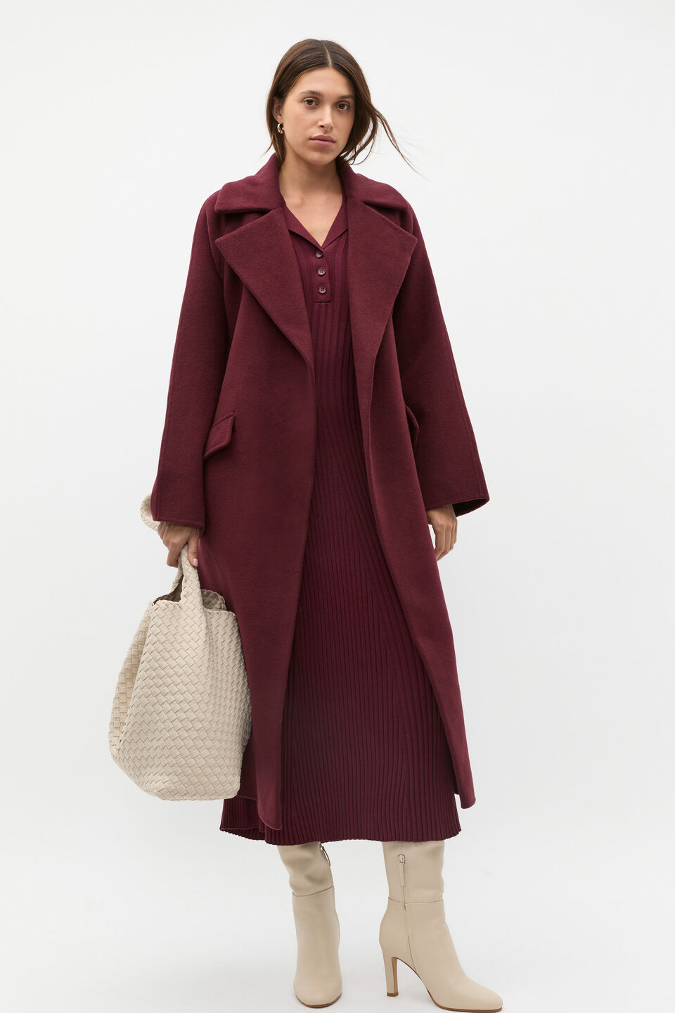 Wool Blend Lapel Coat  Plum Red