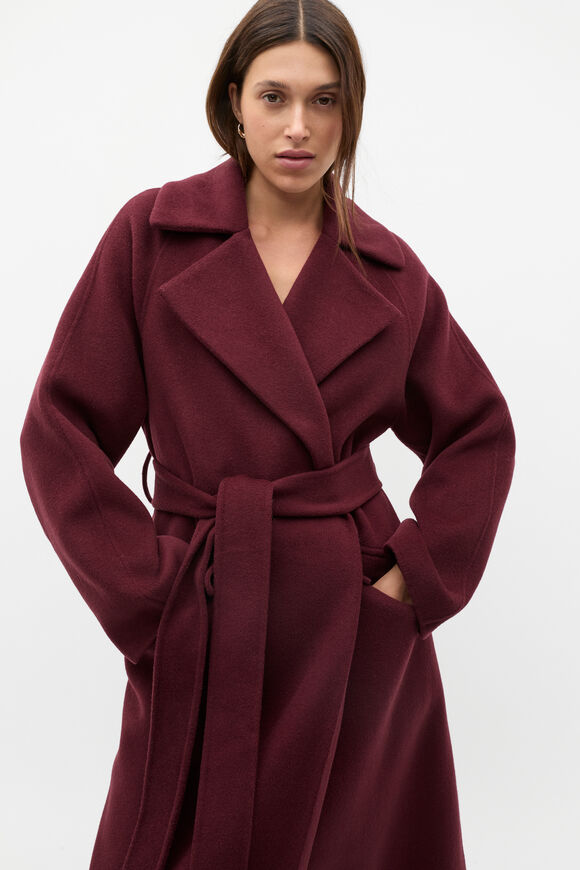 Wool Blend Lapel Coat  Plum Red  hi-res