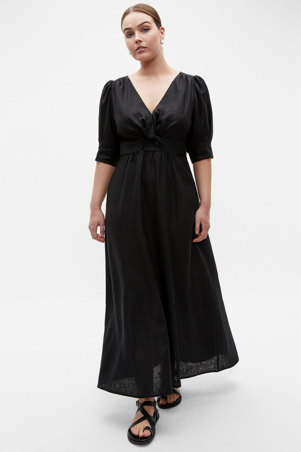 Linen Twist Front Midi Dress  Black